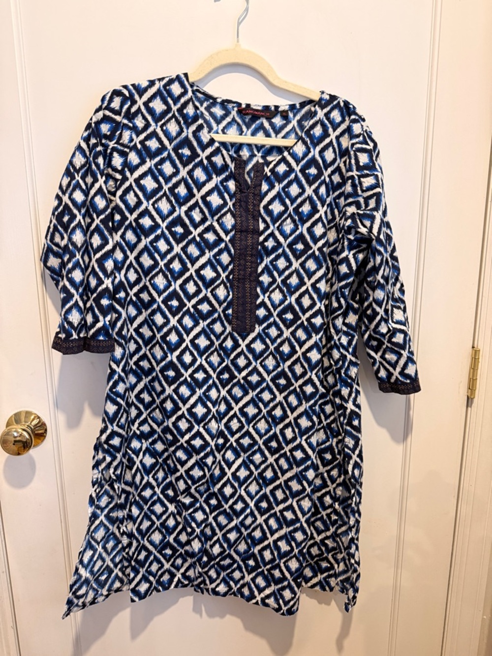 Classic Blue Ikat-Print Women's Kurta with Contrast Placket